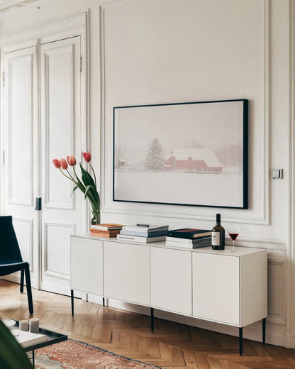 Big Red by Aledanda. shown as a framed stretched canvas in a living room above a console. Available as a archival giclee rolled canvas, fine art paper, or poster print. SKU 60530i.
