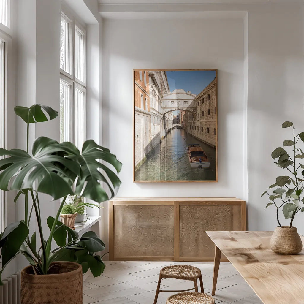 Bridge of Sighs by Aledanda. shown as a print in a natural wood frame in a dining room. Available as a archival giclee rolled canvas, fine art paper, or poster print. SKU 81691h.
