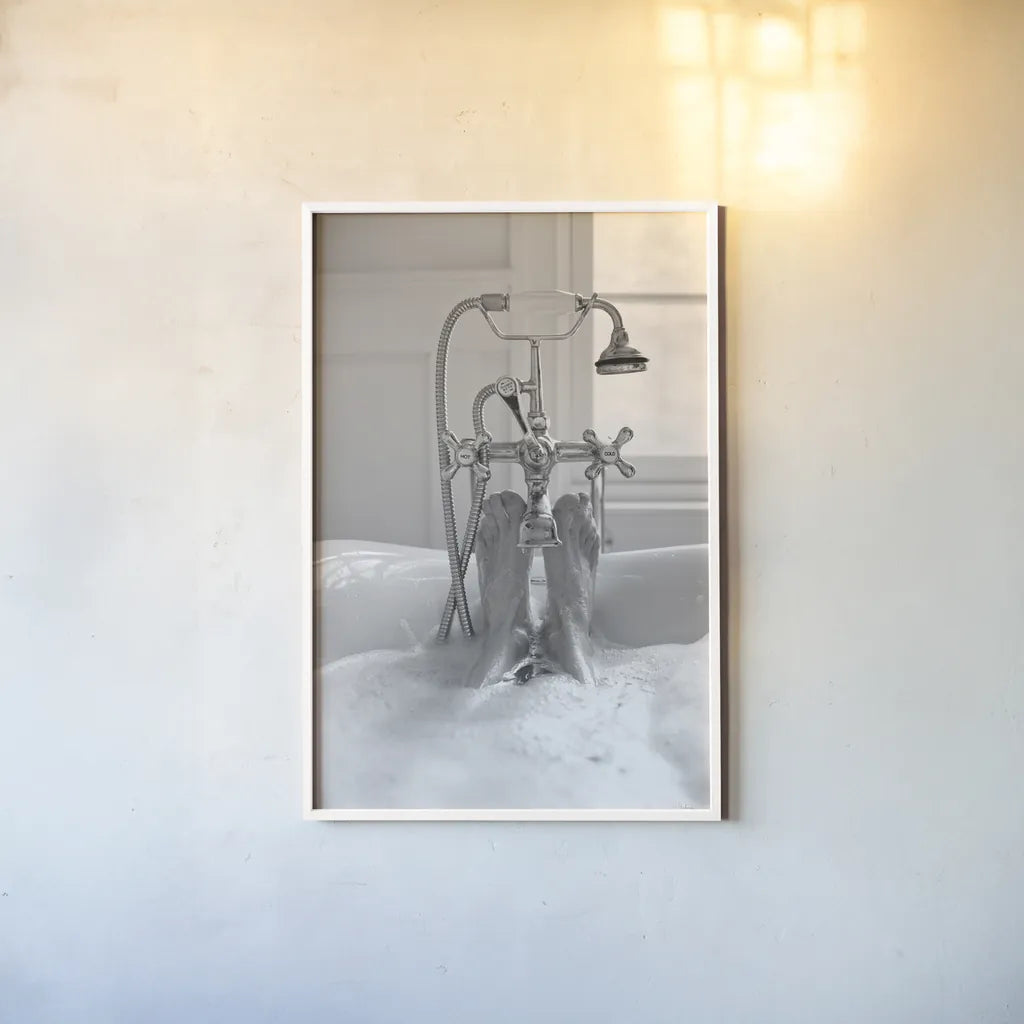 Bubble Bath I by Aledanda. shown as a paper print in a white frame. Available as a archival giclee rolled canvas, fine art paper, or poster print. SKU 57992h.