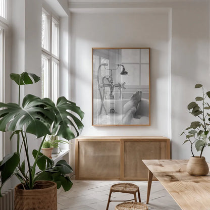 Bubble Bath II by Aledanda. shown as a print in a natural wood frame in a dining room. Available as a archival giclee rolled canvas, fine art paper, or poster print. SKU 57993h.