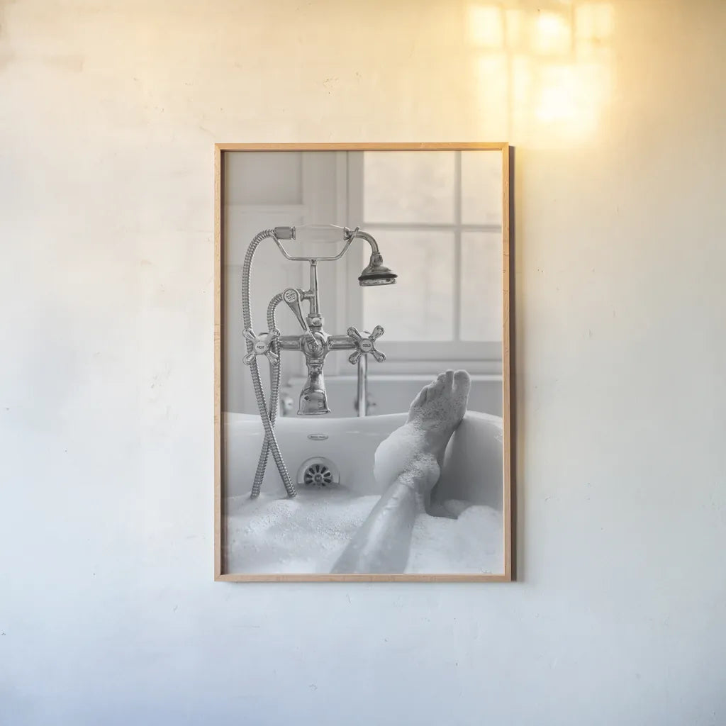 Bubble Bath II by Aledanda. shown as a paper print in a natural frame. Available as a archival giclee rolled canvas, fine art paper, or poster print. SKU 57993h.