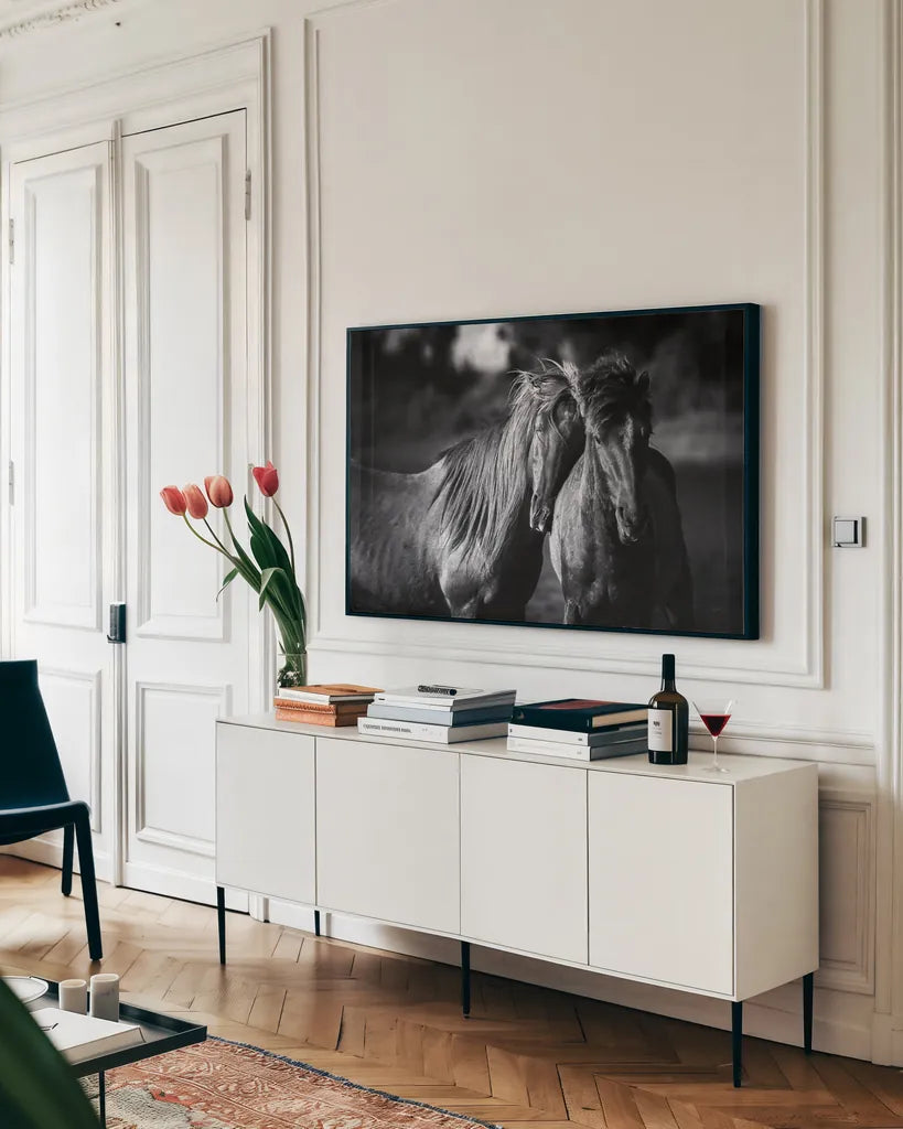 Buddies by Aledanda. shown as a framed stretched canvas in a living room above a console. Available as a archival giclee rolled canvas, fine art paper, or poster print. SKU 47853i.