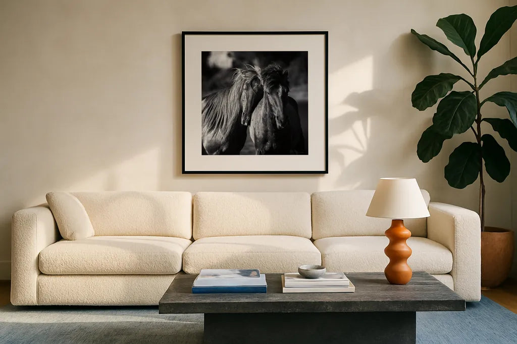 Buddies Crop by Aledanda. Displayed in a glass frame with matte in a clean modern living room. Available as an archival giclee rolled canvas, fine art paper, or poster print. SKU 47853a.