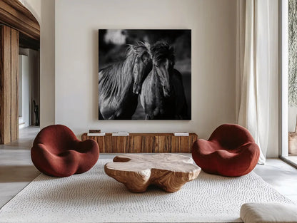 Buddies Crop by Aledanda. Shown as extra-large giant wall art in a modern living room. Available as an archival giclee rolled canvas, fine art paper, or poster print. SKU 47853a.