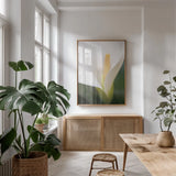 Calla Lily by Aledanda. shown as a print in a natural wood frame in a dining room. Available as a archival giclee rolled canvas, fine art paper, or poster print. SKU 37463h.