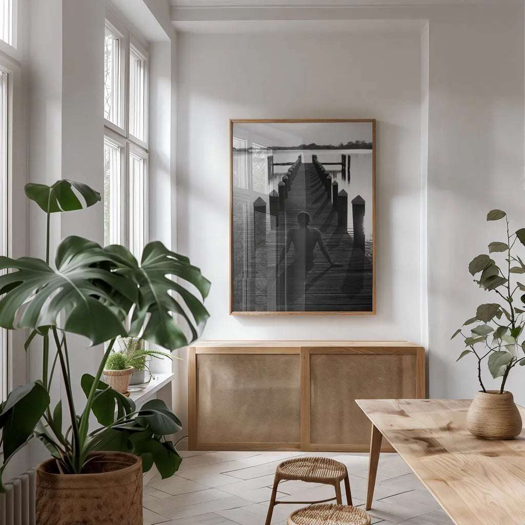 Casting Shadows by Aledanda. shown as a print in a natural wood frame in a dining room. Available as a archival giclee rolled canvas, fine art paper, or poster print. SKU 37446h.