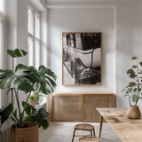 Classic Car V by Aledanda. shown as a print in a natural wood frame in a dining room. Available as a archival giclee rolled canvas, fine art paper, or poster print. SKU 37462h.