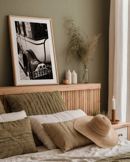 Classic Car V by Aledanda. shown as a paper print in a natural frame. Available as a archival giclee rolled canvas, fine art paper, or poster print. SKU 37462h.