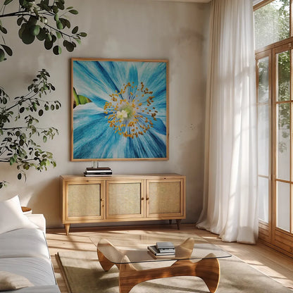 Clematis by Aledanda. Shown in a natural wood frame in a cozy modern living room. Available as an archival giclee rolled canvas, fine art paper, or poster print. SKU 37457a.