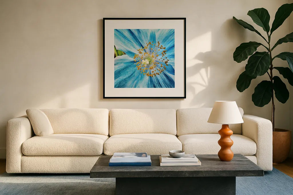Clematis by Aledanda. Displayed in a glass frame with matte in a clean modern living room. Available as an archival giclee rolled canvas, fine art paper, or poster print. SKU 37457a.