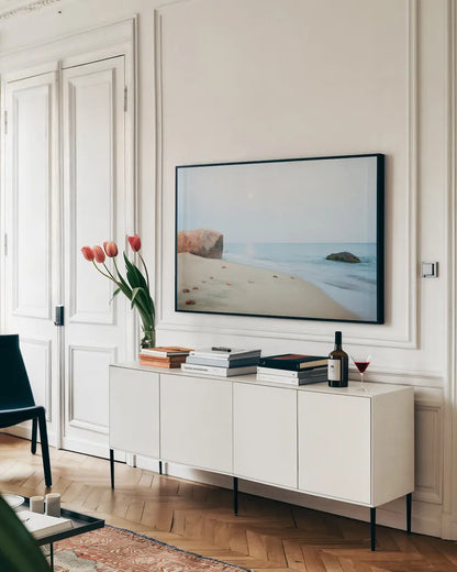 Coastal Rocks by Aledanda. shown as a framed stretched canvas in a living room above a console. Available as a archival giclee rolled canvas, fine art paper, or poster print. SKU 46203i.