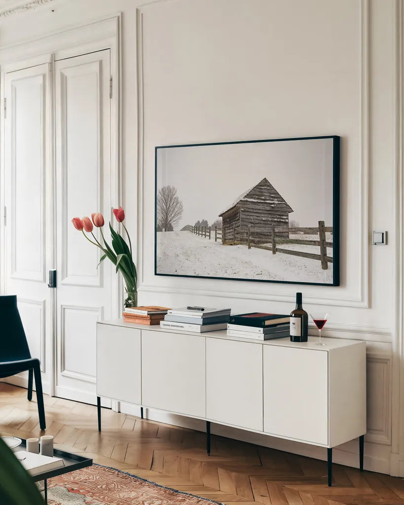 Coming to the Barn by Aledanda. shown as a framed stretched canvas in a living room above a console. Available as a archival giclee rolled canvas, fine art paper, or poster print. SKU 60533i.