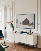 Coming to the Barn by Aledanda. shown as a framed stretched canvas in a living room above a console. Available as a archival giclee rolled canvas, fine art paper, or poster print. SKU 60533i.