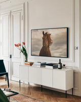 Companion by Aledanda. shown as a framed stretched canvas in a living room above a console. Available as a archival giclee rolled canvas, fine art paper, or poster print. SKU 98035i.