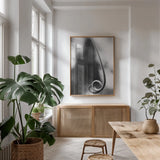 Curly Cue by Aledanda. shown as a print in a natural wood frame in a dining room. Available as a archival giclee rolled canvas, fine art paper, or poster print. SKU 55303h.