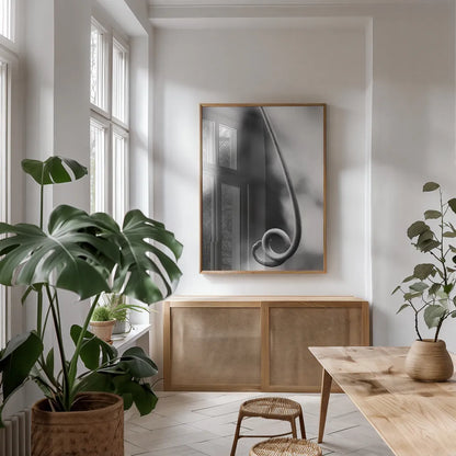 Curly Cue by Aledanda. shown as a print in a natural wood frame in a dining room. Available as a archival giclee rolled canvas, fine art paper, or poster print. SKU 55303h.