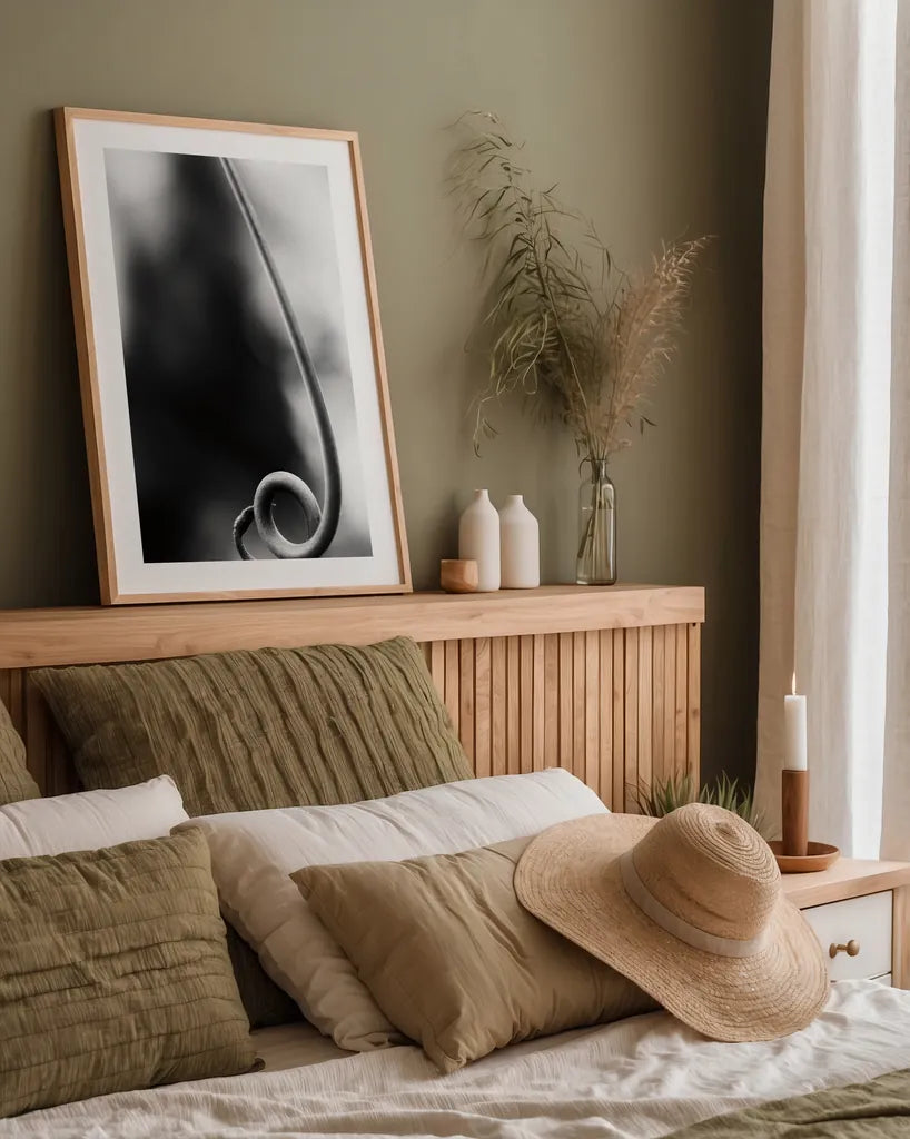 Curly Cue by Aledanda. shown as a paper print in a natural frame. Available as a archival giclee rolled canvas, fine art paper, or poster print. SKU 55303h.