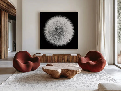 Dandelion on Black I by Aledanda. Shown as extra-large giant wall art in a modern living room. Available as an archival giclee rolled canvas, fine art paper, or poster print. SKU 55250a.