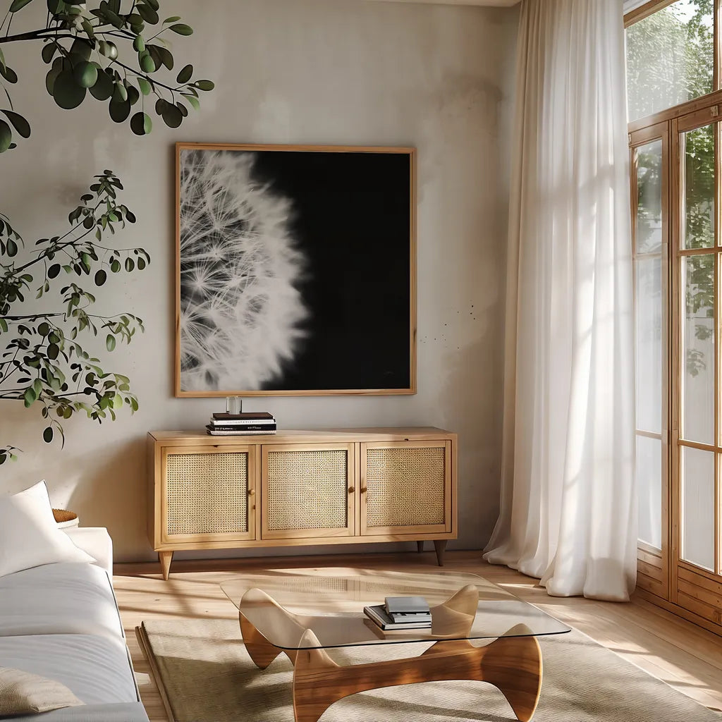 Dandelion on Black II by Aledanda. Shown in a natural wood frame in a cozy modern living room. Available as an archival giclee rolled canvas, fine art paper, or poster print. SKU 55251a.