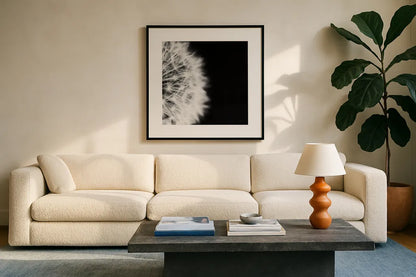 Dandelion on Black II by Aledanda. Displayed in a glass frame with matte in a clean modern living room. Available as an archival giclee rolled canvas, fine art paper, or poster print. SKU 55251a.