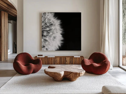 Dandelion on Black II by Aledanda. Shown as extra-large giant wall art in a modern living room. Available as an archival giclee rolled canvas, fine art paper, or poster print. SKU 55251a.