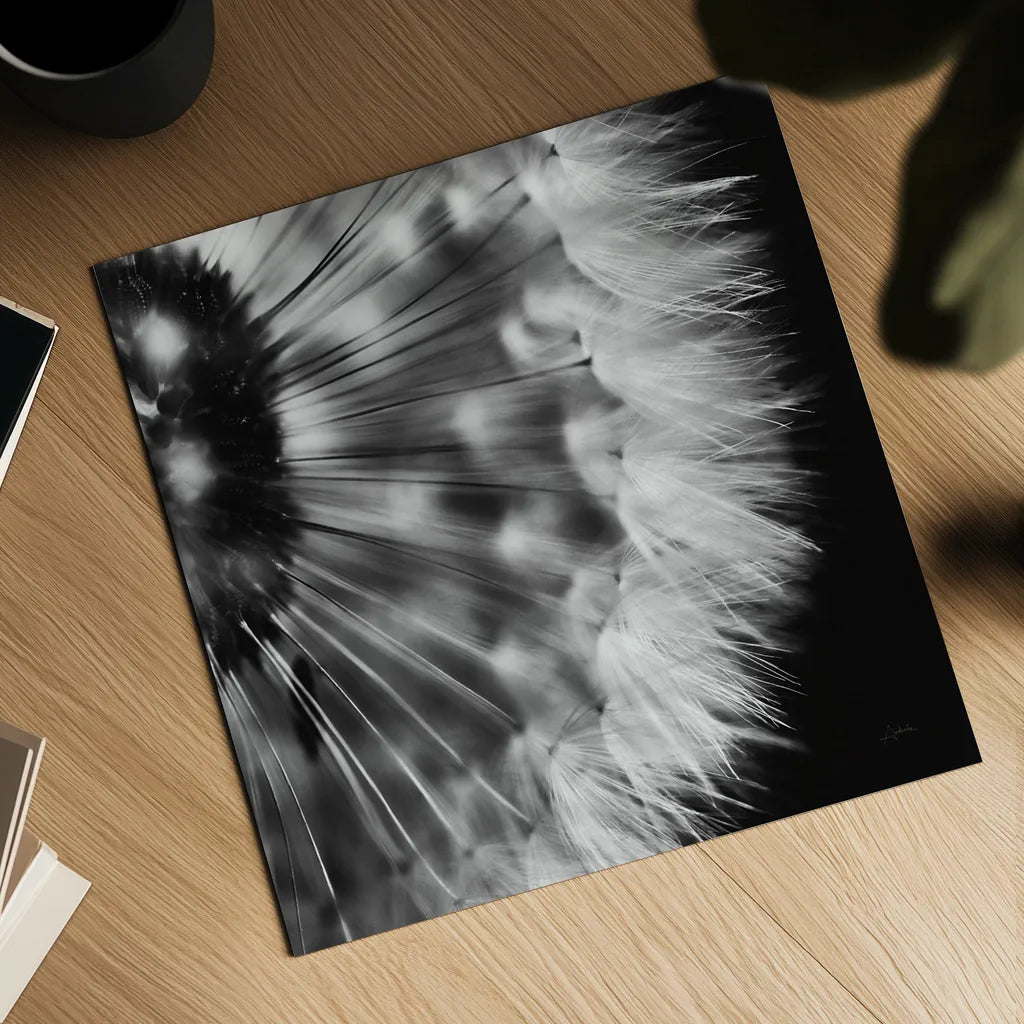 Dandelion on Black III by Aledanda. Shown as a detailed flat fine art print, highlighting archival giclee quality. Available as an archival giclee rolled canvas, fine art paper, or poster print. SKU 55252a.