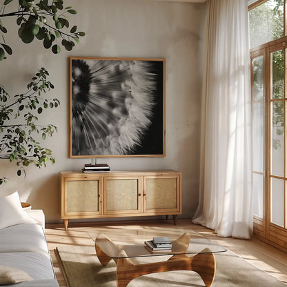 Dandelion on Black III by Aledanda. Shown in a natural wood frame in a cozy modern living room. Available as an archival giclee rolled canvas, fine art paper, or poster print. SKU 55252a.