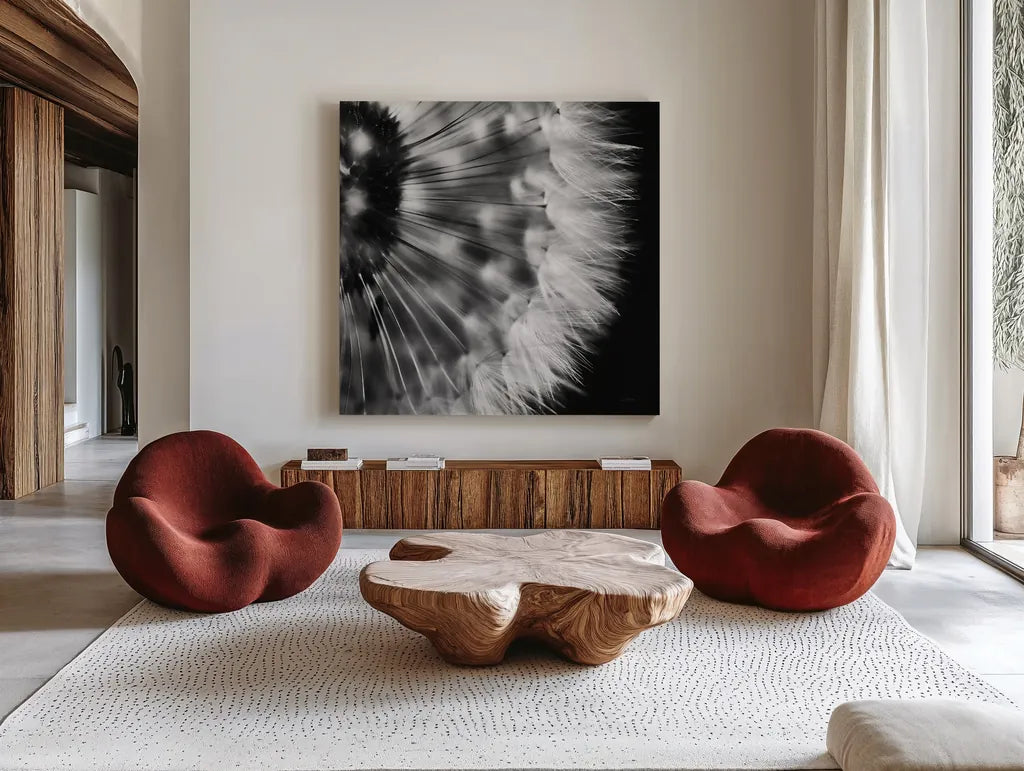 Dandelion on Black III by Aledanda. Shown as extra-large giant wall art in a modern living room. Available as an archival giclee rolled canvas, fine art paper, or poster print. SKU 55252a.