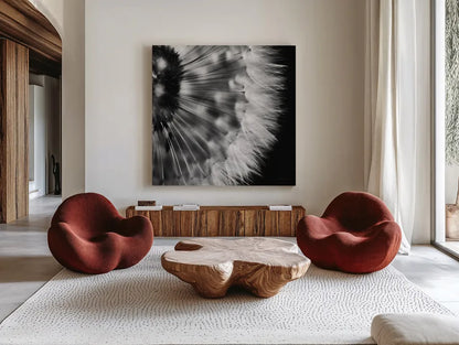 Dandelion on Black III by Aledanda. Shown as extra-large giant wall art in a modern living room. Available as an archival giclee rolled canvas, fine art paper, or poster print. SKU 55252a.