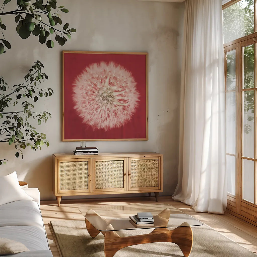 Dandelion on Red I by Aledanda. Shown in a natural wood frame in a cozy modern living room. Available as an archival giclee rolled canvas, fine art paper, or poster print. SKU 55244a.