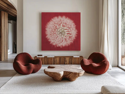 Dandelion on Red I by Aledanda. Shown as extra-large giant wall art in a modern living room. Available as an archival giclee rolled canvas, fine art paper, or poster print. SKU 55244a.