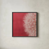 Dandelion on Red II by Aledanda. Shown in a sleek black glass frame for a contemporary gallery look. Available as an archival giclee rolled canvas, fine art paper, or poster print. SKU 55245a.