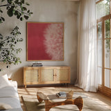 Dandelion on Red II by Aledanda. Shown in a natural wood frame in a cozy modern living room. Available as an archival giclee rolled canvas, fine art paper, or poster print. SKU 55245a.