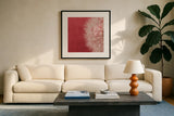 Dandelion on Red II by Aledanda. Displayed in a glass frame with matte in a clean modern living room. Available as an archival giclee rolled canvas, fine art paper, or poster print. SKU 55245a.