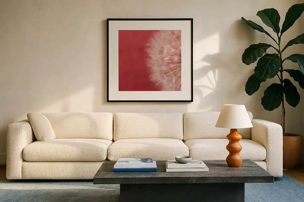Dandelion on Red II by Aledanda. Displayed in a glass frame with matte in a clean modern living room. Available as an archival giclee rolled canvas, fine art paper, or poster print. SKU 55245a.