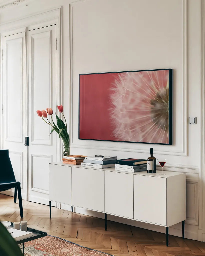 Dandelion on Red III by Aledanda. shown as a framed stretched canvas in a living room above a console. Available as a archival giclee rolled canvas, fine art paper, or poster print. SKU 55246i.