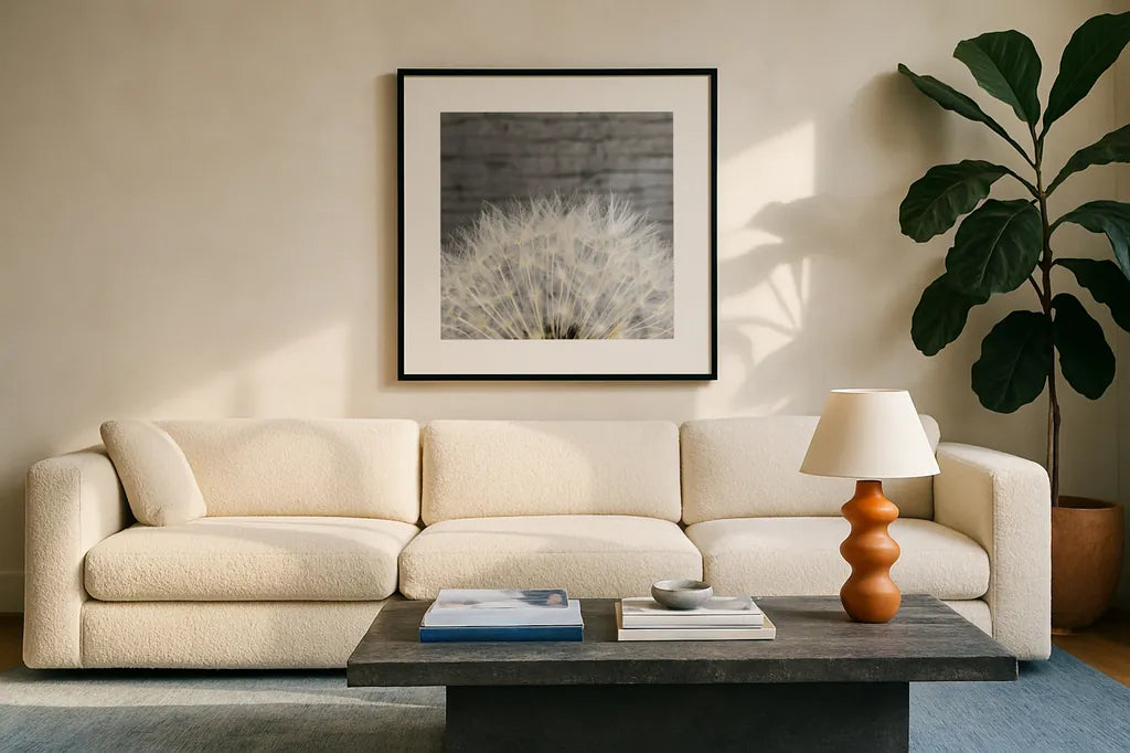 Delicate Dandelion by Aledanda. Displayed in a glass frame with matte in a clean modern living room. Available as an archival giclee rolled canvas, fine art paper, or poster print. SKU 55305a.
