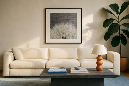 Delicate Dandelion by Aledanda. Displayed in a glass frame with matte in a clean modern living room. Available as an archival giclee rolled canvas, fine art paper, or poster print. SKU 55305a.