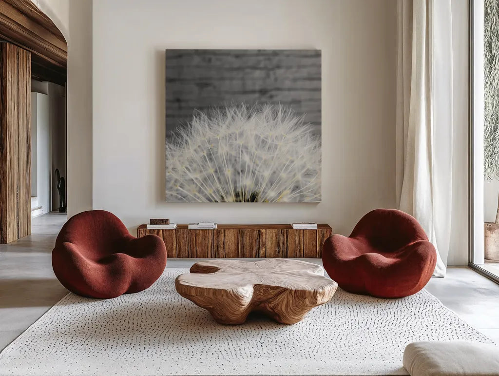 Delicate Dandelion by Aledanda. Shown as extra-large giant wall art in a modern living room. Available as an archival giclee rolled canvas, fine art paper, or poster print. SKU 55305a.