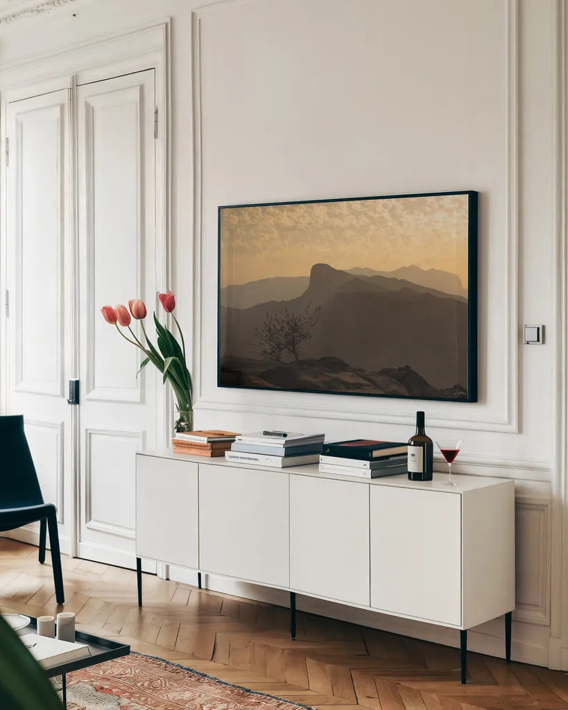 Desertscape by Aledanda. shown as a framed stretched canvas in a living room above a console. Available as a archival giclee rolled canvas, fine art paper, or poster print. SKU 98021i.