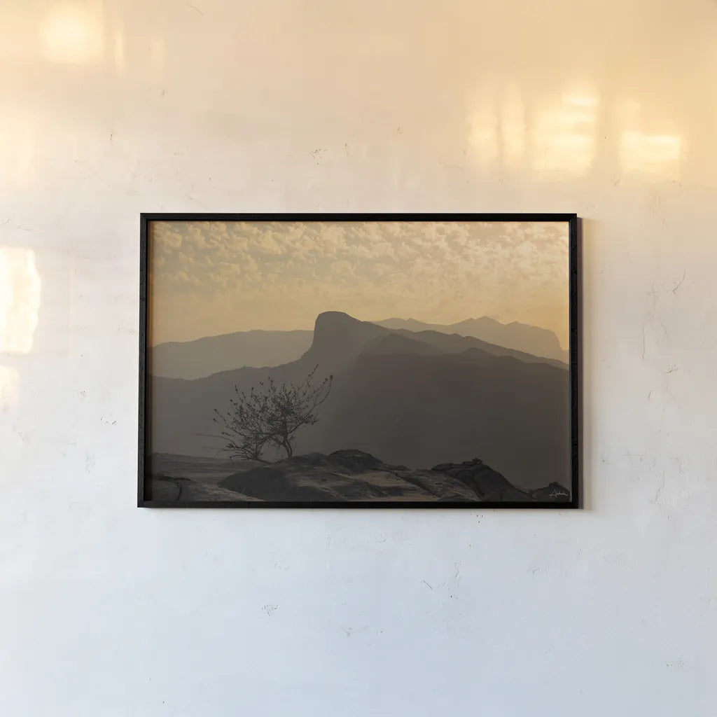 Desertscape by Aledanda. shown as a paper print in a black flame. Available as a archival giclee rolled canvas, fine art paper, or poster print. SKU 98021i.