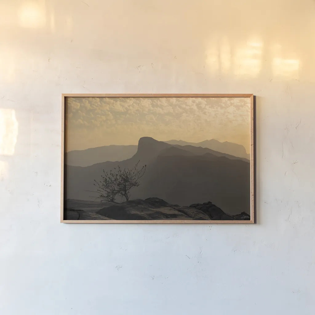 Desertscape by Aledanda. shown as a paper print in a natural frame. Available as a archival giclee rolled canvas, fine art paper, or poster print. SKU 98021i.
