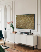 Dew on Grasses by Aledanda. shown as a framed stretched canvas in a living room above a console. Available as a archival giclee rolled canvas, fine art paper, or poster print. SKU 63215i.