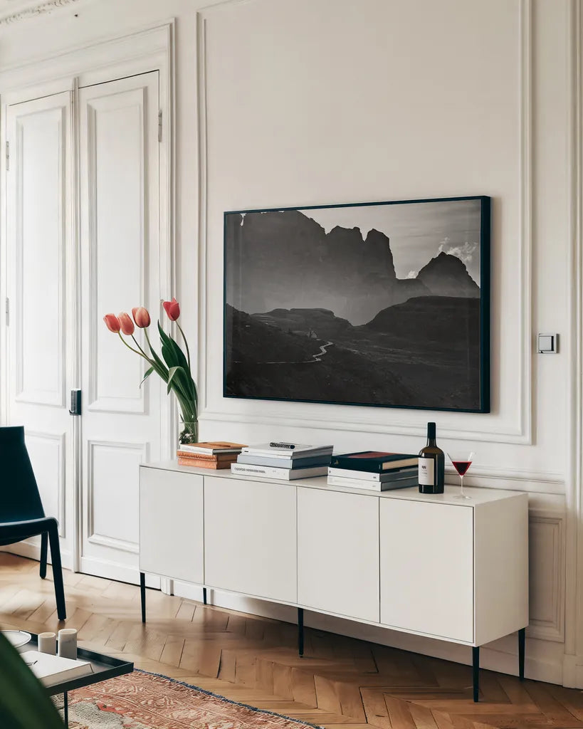 Dolomiti I by Aledanda. shown as a framed stretched canvas in a living room above a console. Available as a archival giclee rolled canvas, fine art paper, or poster print. SKU 64364i.