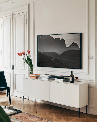 Dolomiti I by Aledanda. shown as a framed stretched canvas in a living room above a console. Available as a archival giclee rolled canvas, fine art paper, or poster print. SKU 64364i.