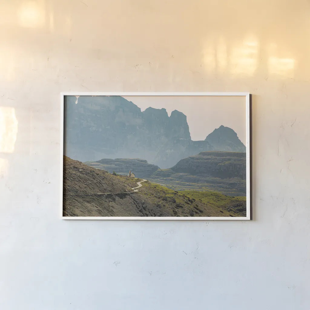 Dolomiti I Color by Aledanda. shown as a paper print in a white frame. Available as a archival giclee rolled canvas, fine art paper, or poster print. SKU 78130i.