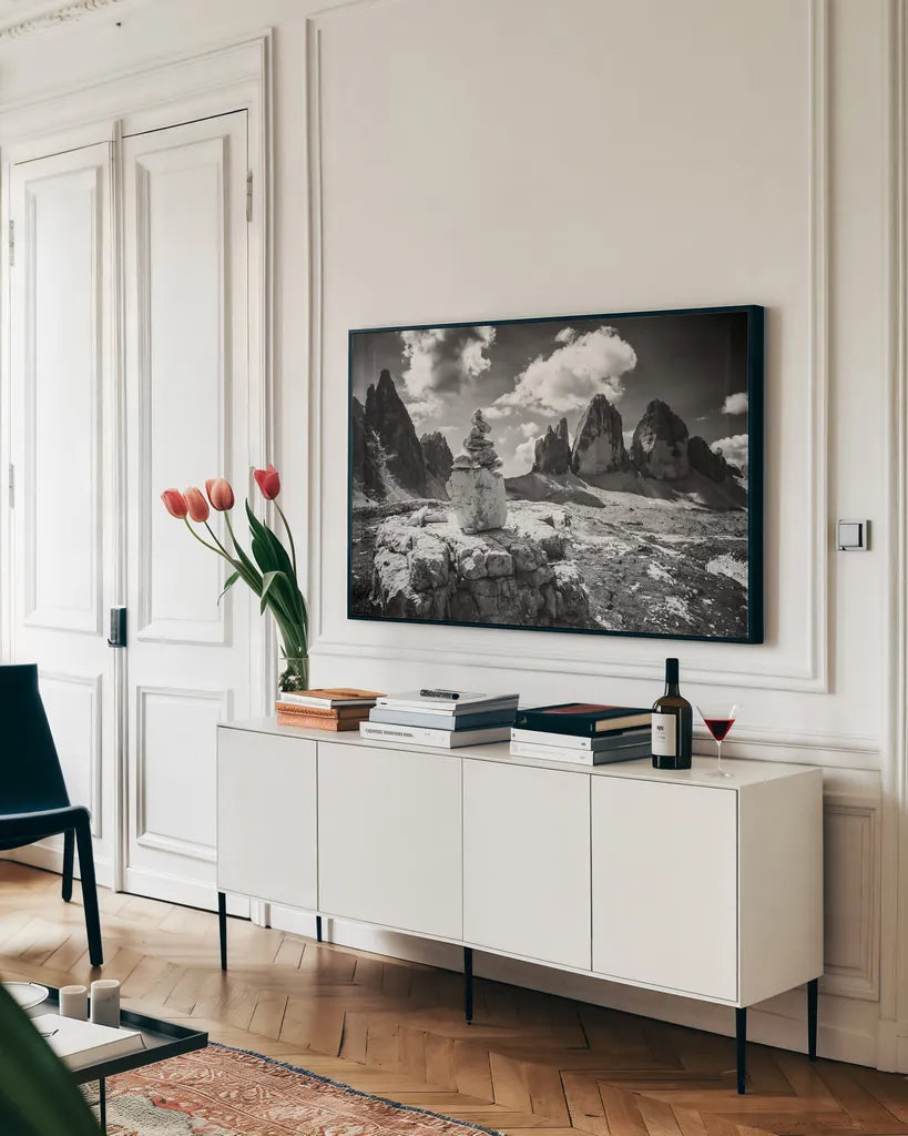 Dolomiti II by Aledanda. shown as a framed stretched canvas in a living room above a console. Available as a archival giclee rolled canvas, fine art paper, or poster print. SKU 64365i.