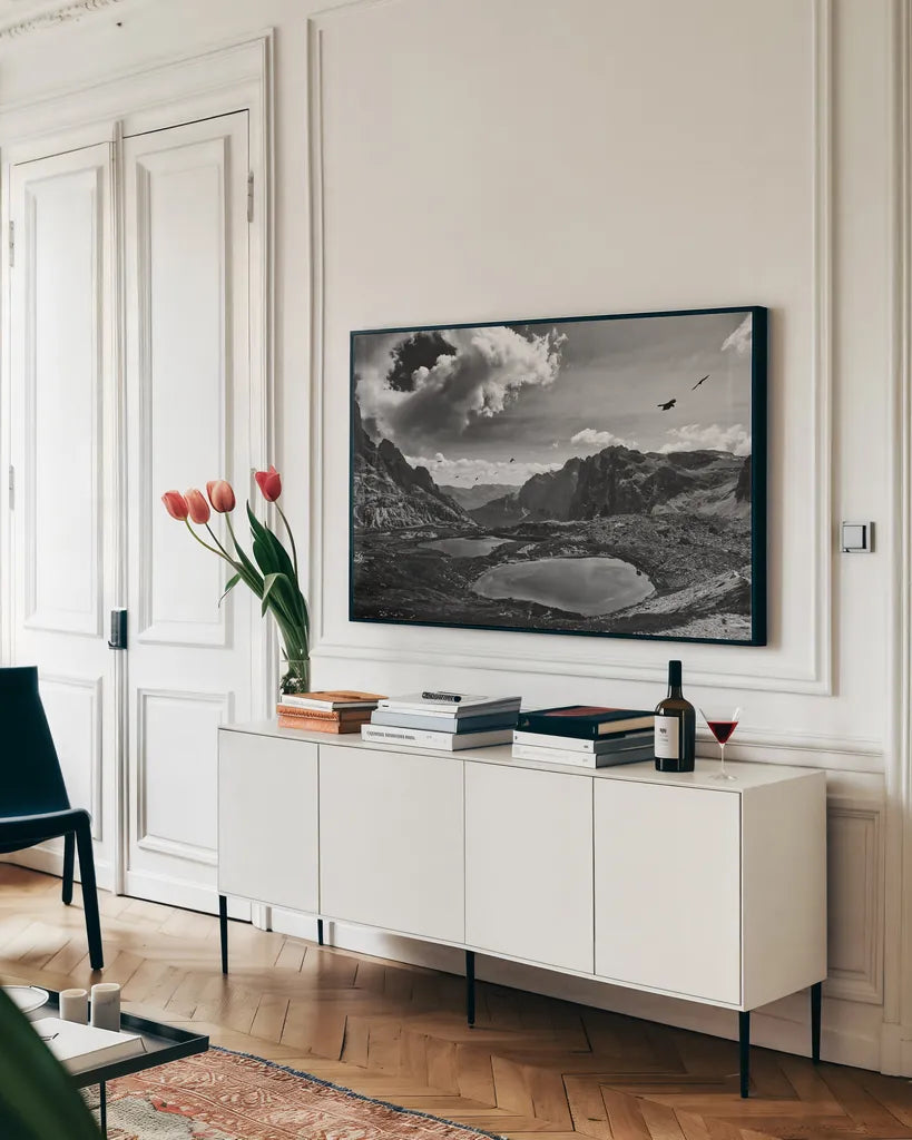 Dolomiti III by Aledanda. shown as a framed stretched canvas in a living room above a console. Available as a archival giclee rolled canvas, fine art paper, or poster print. SKU 64366i.
