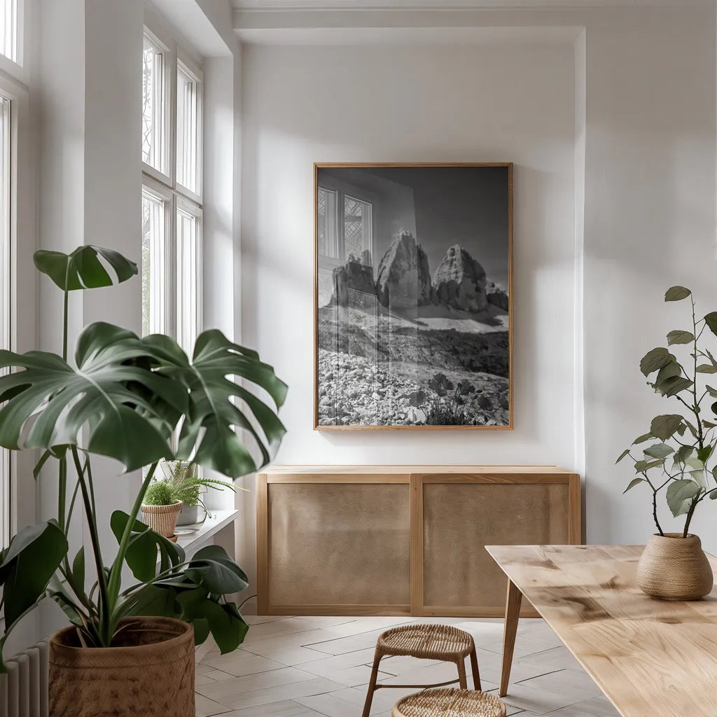 Dolomiti IV by Aledanda. shown as a print in a natural wood frame in a dining room. Available as a archival giclee rolled canvas, fine art paper, or poster print. SKU 64367h.