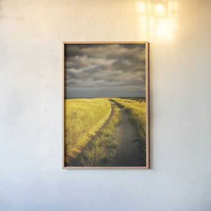 Down the Road by Aledanda. shown as a paper print in a natural frame. Available as a archival giclee rolled canvas, fine art paper, or poster print. SKU 38322h.